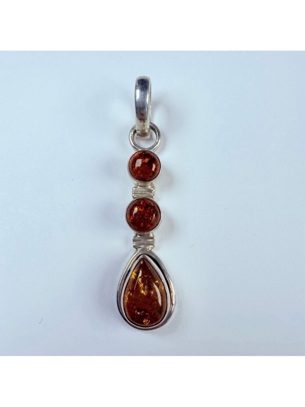 Baltic Honey Amber Cabochon 925 Sterling Silver 3 Stone Drop Necklace Pendant